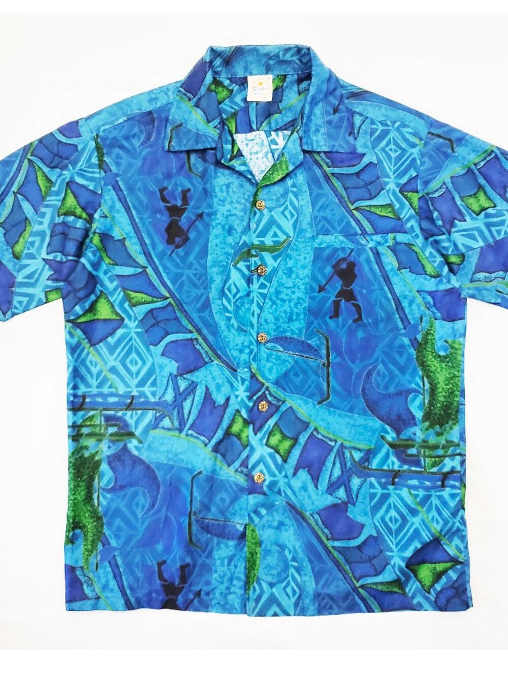 Vintage 1960's Sun Dek of Hawaii Mens Spearfishing Hawaiian Shirt Blue Green M